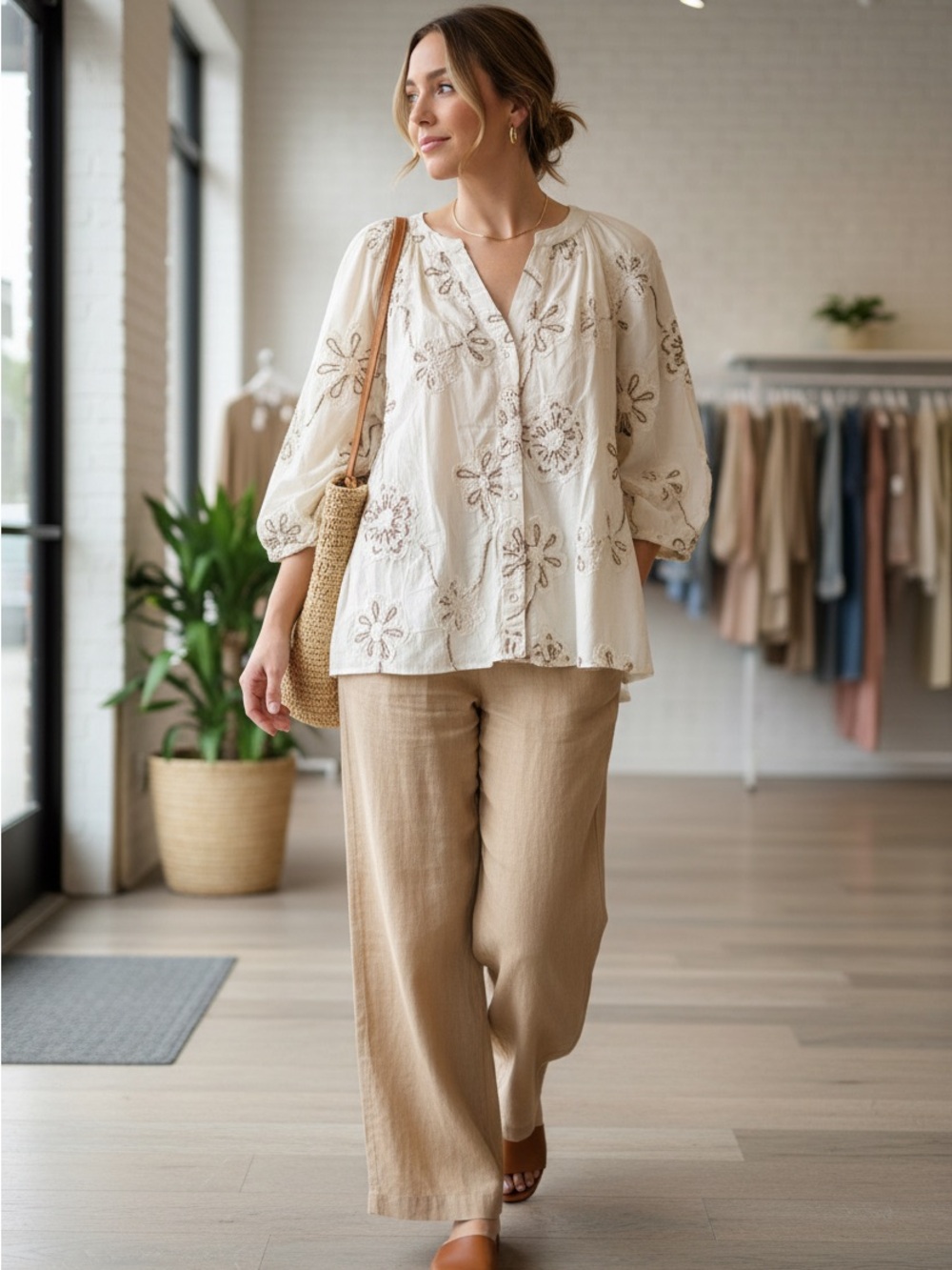 Industry Threaded Cream Embroidered Peasant Tunic Top